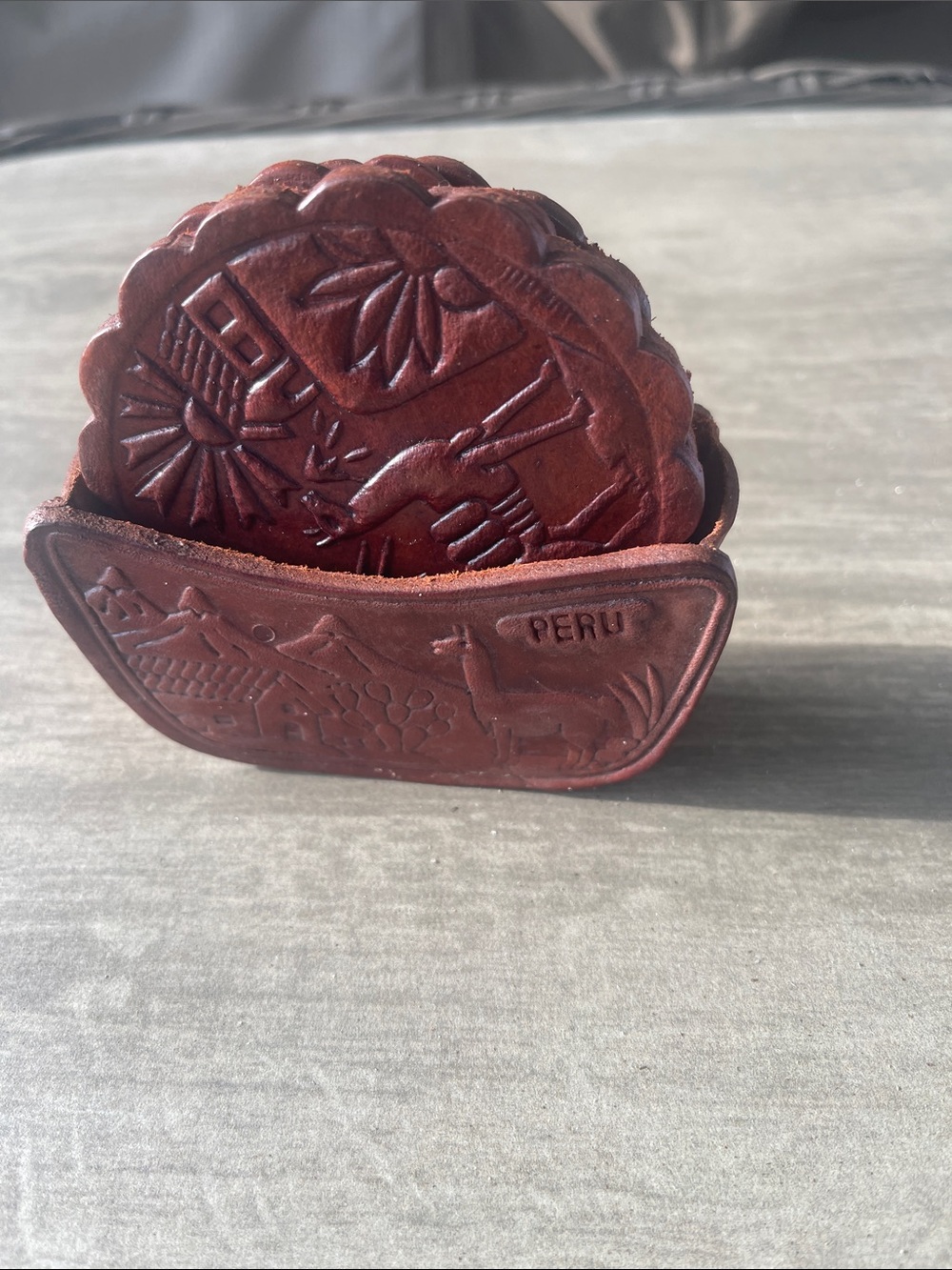 Peru Handcrafted Leather Coasters with Holder - Deep Brown